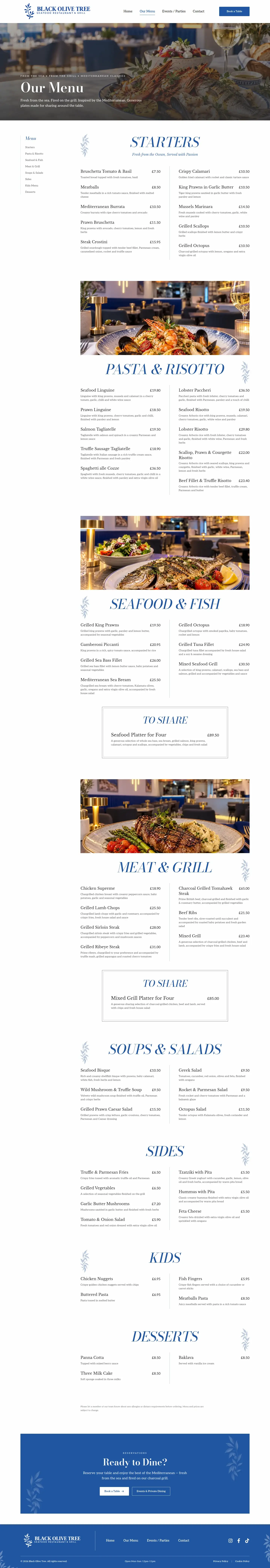 The Black Olive Tree menu page, full scroll