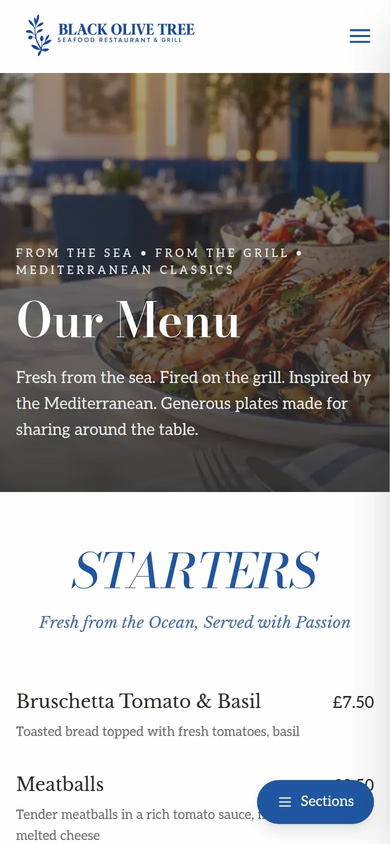 The Black Olive Tree menu on a phone