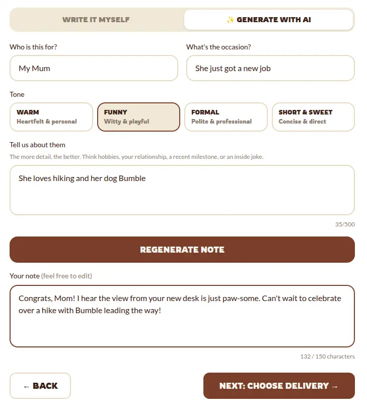 The Brownie Points AI note writer: tone options, details about the recipient, and a generated gift note